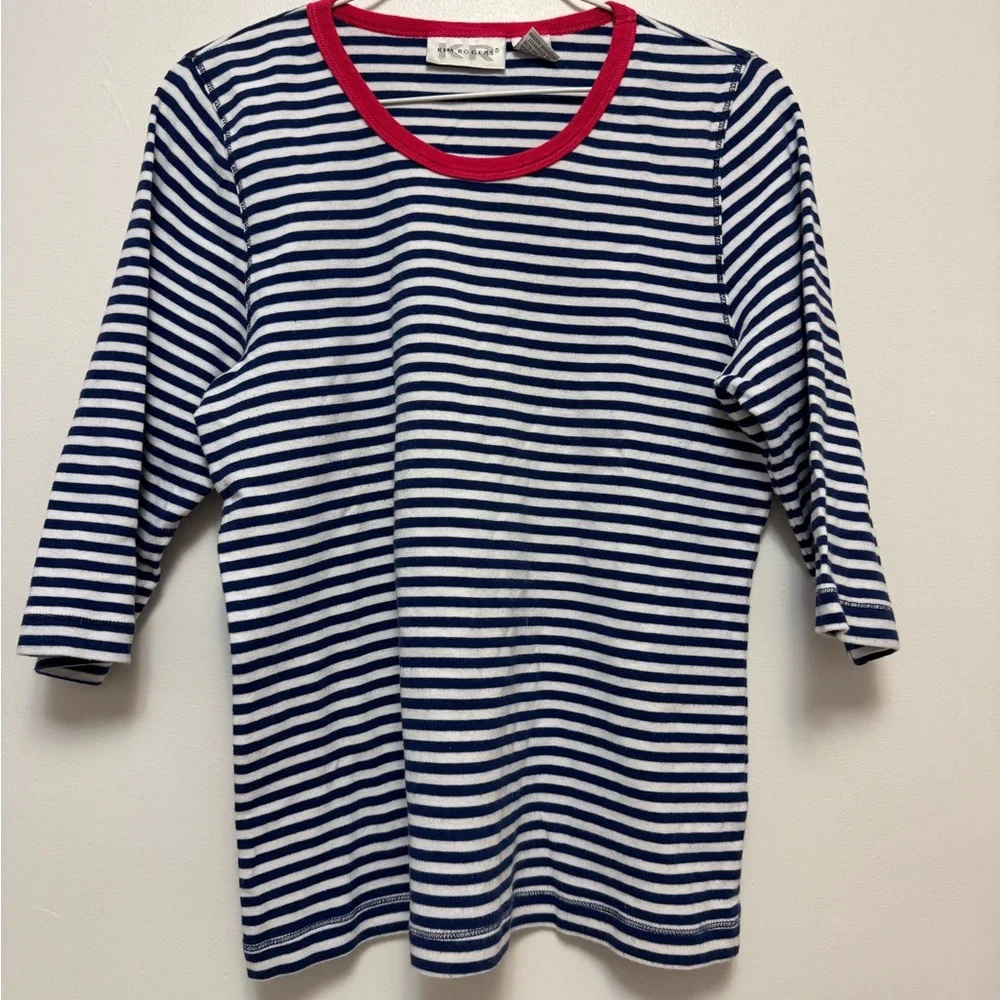 Kim Rogers Navy and White Striped Tee with Red Trim - Picture 1 of 3